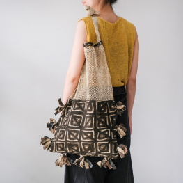 Laos jungle vine with African old fabric pom pom bag, 03