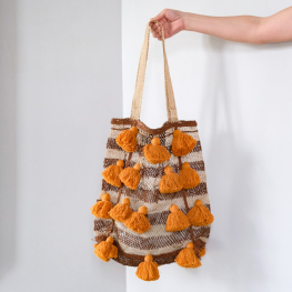 Jungle vine pom pom bag, brown stripe with light orange pom pom