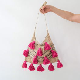 Jungle vine yam bag, black stripe with fuchsia pom pom