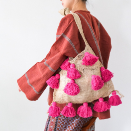 Jungle vine yam bag with fuchsia pom pom