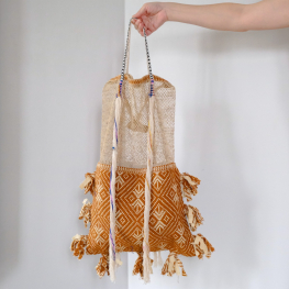 Laos Jungle Vine bag with blue & brown Tai Lue fabric and white Lua tassel