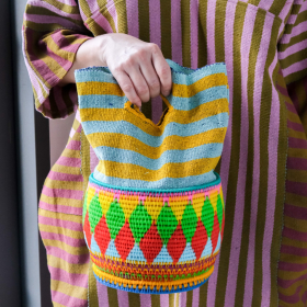 Cotton striped basket bag L (mint &yellow handheld)