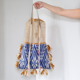 Laos Jungle Vine bag with blue & brown Tai Lue fabric and white Lua tassel
