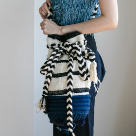 Indigo bottom with stripe handwoven bucket bag
