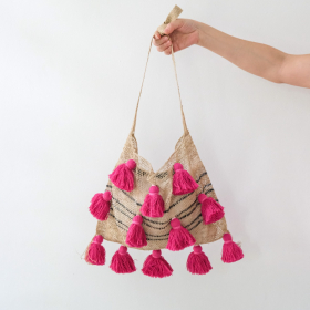 Jungle vine yam bag, black stripe with fuchsia pom pom