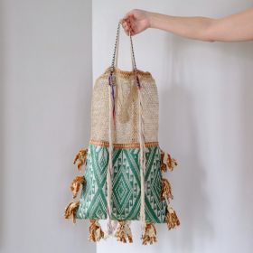 Laos Jungle Vine bag with green & brown Tai Lue fabric and white Lua tassel