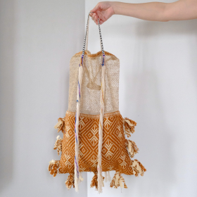 Laos Jungle Vine bag with blue & brown Tai Lue fabric and white Lua tassel