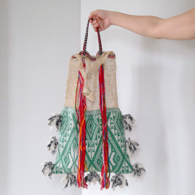 Laos Jungle Vine bag with green & brown Tai Lue fabric and red Lua tassel