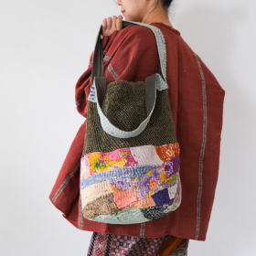 Kantha bucket bag with green piad