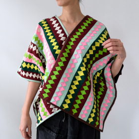 Lahu applique hand-stitched blouse, green & pink