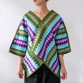 Lahu applique hand-stitched blouse, green & light blue